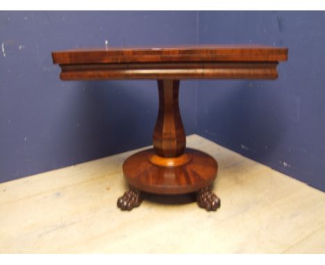 Mahogany &amp; inlaid fold over tea table on 4 column &amp; circular banded legs 91Wx46Dx74H cm 