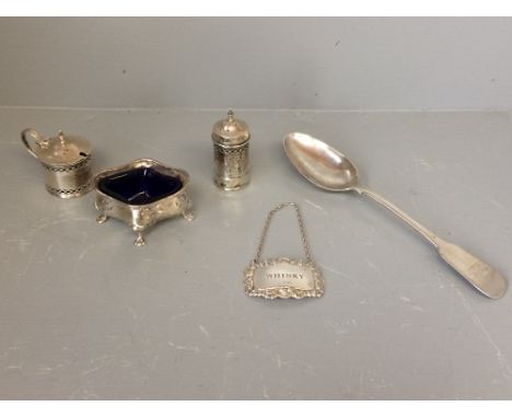 Sterling silver mustard with blue glass liner, silver decanter label, pepperette &amp; a George II silver serving spoon (Edin