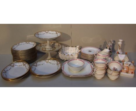 Qty of china to include Aynsley tea service &amp; de Havilland, Limoges etc &amp; white basket weave dish, figurines, Staffor