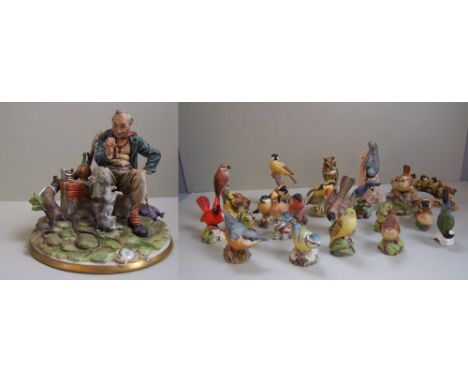 Continental figure of an old man &amp; his dog, base stamped "Tyche Tosca" to rear &amp; 16 Royal Worcester bird figures &amp