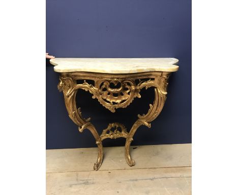 Early marble topped demi-lune console table on ornate gilt base 45Wx84Lx83H cm 