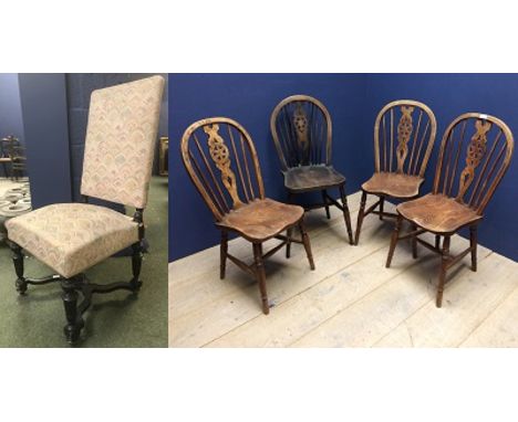 A set of&nbsp; Windsor wheel &amp; stick back elm seated chairs (3 matching with makers stamp &amp; another later) &amp; high