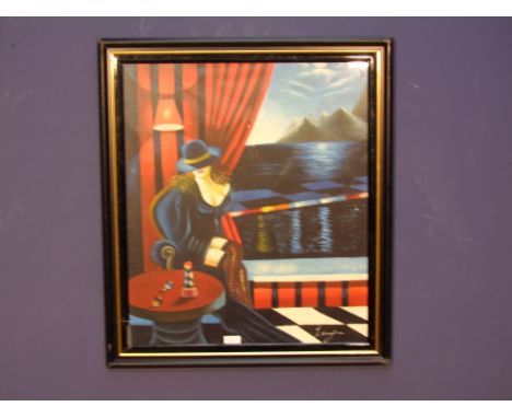 Signed oil painting portrait of a seated lady in an Art Deco club 62x53x29cm 