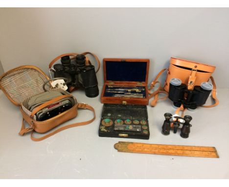 General household clearance: slide projector, 3 binoculars, scales, draughtsmans set &amp; ruler 