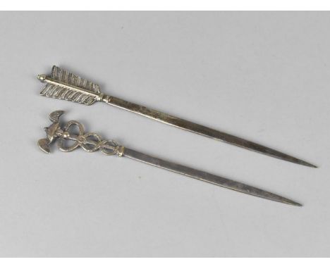 Two Metal Meat Skewers the One with Arrow Feather Finial and the other Asclepius Staff 