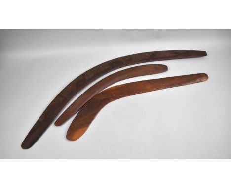A Set of Three Aboriginal Souvenir Boomerangs with Carved Decoration Depicting Game 