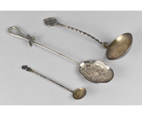 A Continental Silver Ladle with Twist Handle and Maltese Cross Motif Finial Together with a White Metal Spoon with Long Handl