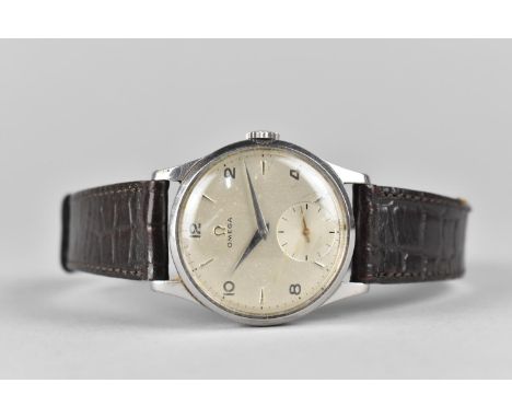 A Vintage C.1950's Stainless Steel Cased Omega Wrist Watch, Silvered Face with Roman and Baton Numerals, Manual Movement, Wor