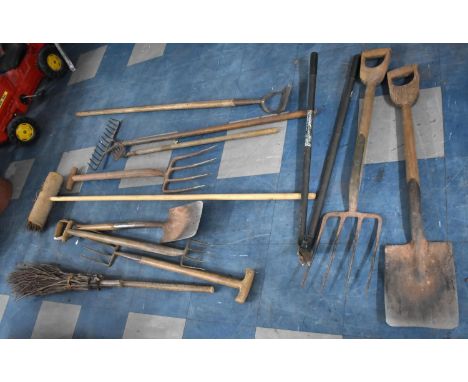 A Collection of Various Wooden Handled Garden Tools and a Hazel Broom 