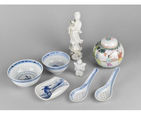 A Collection of Various Oriental Ceramics to include Blue and White Rice Bowls and Spoons, Blanc De Chine Guan Yin, Small Gin