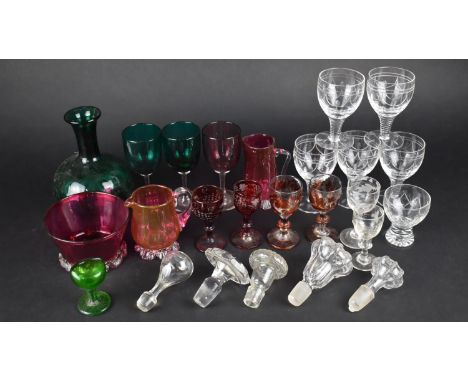 A Collection of Various 19th and 20th Century Glass to Comprise Cranberry Glass, Ruby Overlaid Glass, Green Glass etc 