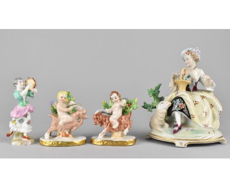 A Porcelain Figure Group, Seated Lady Beside Sheep, 16cm high Together with a Pair of Porcelain Figures of Cherubs Riding Goa
