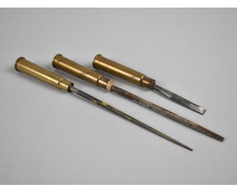 A Collection of Trench Art Carving and Engraving Tools with Brass Bullet Handle
