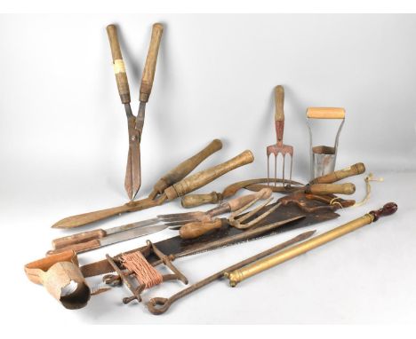 A Collection of Various Wooden Handled Garden Tools to include Shears, Saw, Plot Measure Etc 