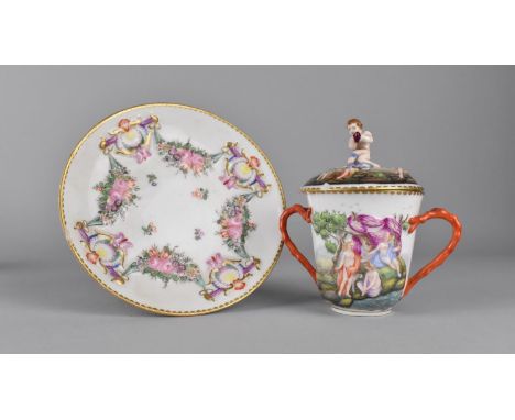 A Porcelain Capo di Monte Chocolate Pot and Cover Decorated in Relief with Classical Scene and Cherub Finial and Having Twin 