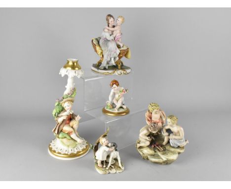 A Collection of Italian Capo Di Monte Figures to Comprise Bisque Mother and Child Group, 17cm high, Classical Group, 15cm hig