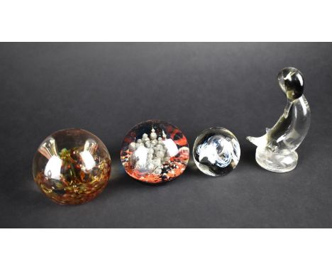 Three Various Paperweights to comprise c.1984 Venetian and Caithness 'Moonflower' Together with a Glass Bird 