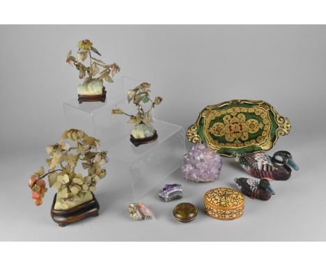 A Collection of Various Sundries to include Amethyst Crystals, Modern Painted Decoy Duck Ornaments, Chinese Jade Effect Plant