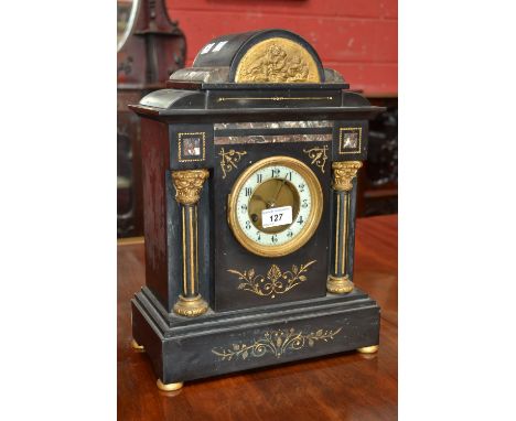 A late 19th century French slate mantel clock, architectural case
, twin winding holes, Arabic numerals, key, 40cm high