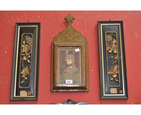 A gouache portrait of a Mughal noble, mounted in a Moorish frame;  a pair of Oriental hardwood plaques, with flowering foliag