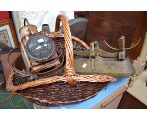 Two wicker baskets; military counter balance kitchen weighing scales; railway carriage lantern etc.