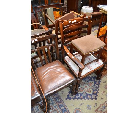 Two ladderback carver dining chairs; three slat back dining chairs; an oak stool (6)