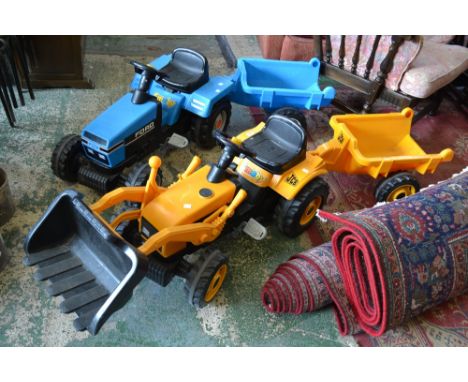 A child's Smoby ride on JCB with trailer, a child's Smoby ride on Ford tractor with trailer