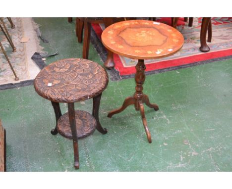 An inlaid tripod occasional table; a carved oak occasional table (2)