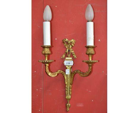 A pair of two light two branch ribbon tied wall lights, 20th century