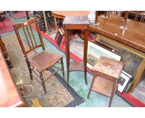 Three elm hall chairs, a mahogany jardiniere stand; another, oak; an oak stool (6)