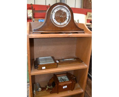 Clocks - a Smith's Enfield oak cased chiming Napoleons hat mantel clock, silvered dial, Arabic numerals;  another Laurent wal