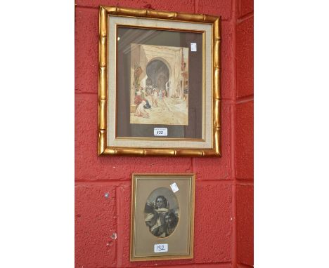 J de Caynoth Ballardie
Bazaar Gate, Fez
watercolour and gouache, signed, 21.5cm x 16cm;

S Raven
Arabian Musicians
etched pri