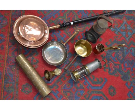 Copper and Brass- brass pan, copper warming pan, coaching lamp, trench art shell case etched Belguique, horns etc