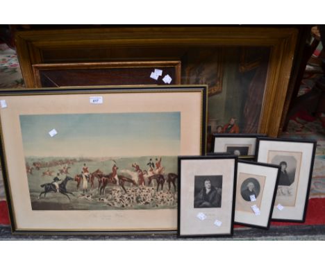 Hunting planograph prints, framed; portrait engravings etc. (qty)
