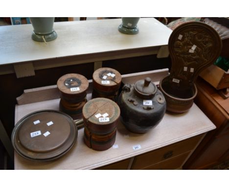 A 19th century copper warming pan;  a large ovoid stoneware jar;  a set of three painted treen circular stands;  a copper wal