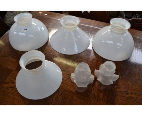 An opaline glass lamp shade; three other opaline shades; two tulip glass shades (6)