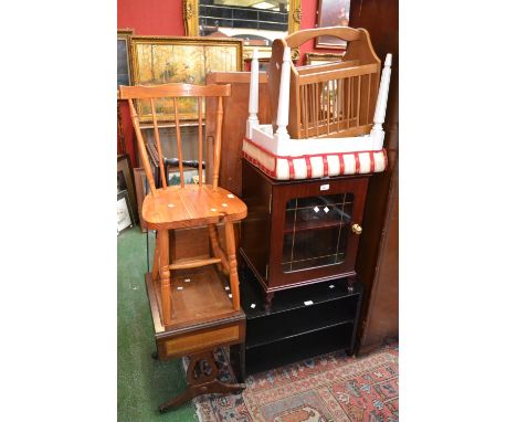 A Regency reproduction dropleaf occasional table; a contemporary cupboard; a stool; a pine spindle back chair; a magazine rac