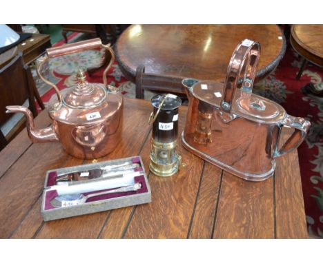 Metalware - a 19th century miners/colliery  lamp,  stamped PD243;  a Victorian copper watering can,  a kettle etc 