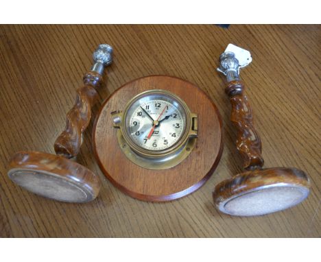 Treen - a pair of oak candlesticks;  a Plastimo Ships Time bulkhead clock;  a mantel clock (4)