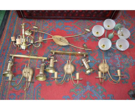 A three branch brass chandelier; other brass lighting (2 boxes)