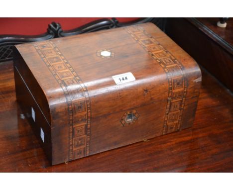 A Victorian rosewood Tunbridge inlaid work box, mother of pearl cartouche, c. 1870