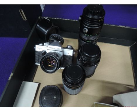 A Praktica PLC3 SLR camera with 50mm lens, a Panagar 49mm lens, a Zodel 28mm lens, a Sunagar 28-200mm zoom lens, Sunagar 80-2