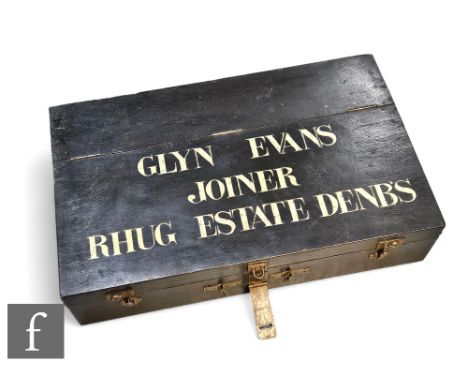 An early 20th Century painted wooden carpenter's tool chest, named 'Glyn Evans Joiner, Rhug Estate, Denb's, 46cm x 76cm. 
