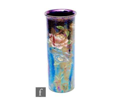 An early 20th Century Maling Ware vase of cylindrical sleeve form with everted rim, decorated in the Peona pattern with a flo