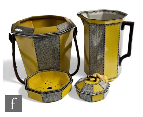 A 1920s Cauldon Ware toilet set comprising a large water jug, pail, covered soap dish and covered powder box, all decorated w