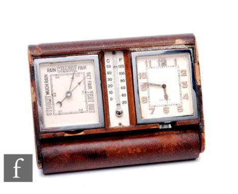 A late 1920s to early 1930s LeCoultre easel desk clock, barometer and thermometer set in leather case, 'marked to the dial Le