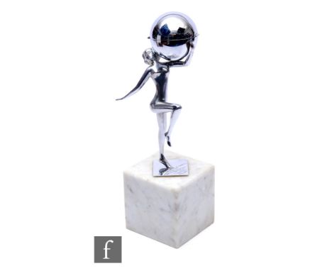 An Art Deco Lorenzl style chrome figure of a dancer holding a globe concealing a table lighter on marble square block plinth,