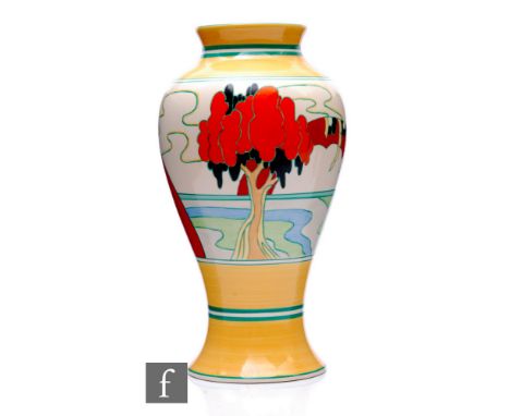 A large later 20th Century Wedgwood Clarice Cliff reproduction Mei Ping vase in the Solitude pattern with a hand painted styl