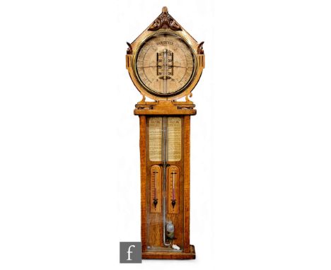 A 19th Century oak cased Royal Polytechnic barometer, the circular indicator dial over Fahrenheit and Centigrade thermometers