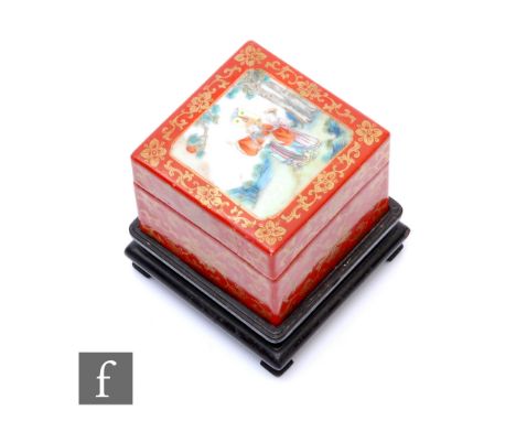 A Chinese Late Qing Dynasty porcelain cosmetics box, the square section box with removable cover and internal turquoise glaze